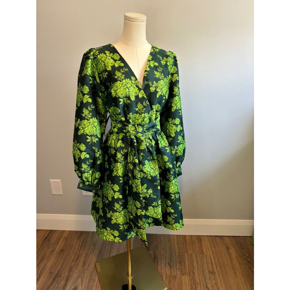 Y.A.S. Bowlow, Women's, Jacquard, Long Sleeve, Mini Dress, Floral Green, SZ L - Picture 2 of 10